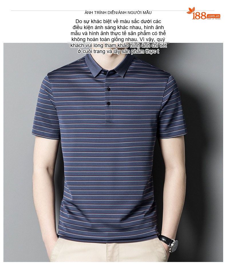 Áo Polo Nam Tay Ngắn 100% Pure Mulberry Silk (Tằm) Họa Tiết Sọc Màu Xanh Navy chi tiết 8