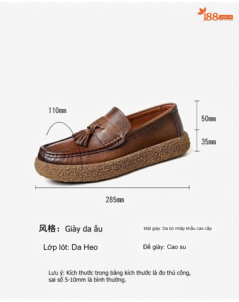 Giày Lười Nam Da Bò Chiều Cao Đế Khoảng 3cm Màu Nâu, Đen chi tiết 3