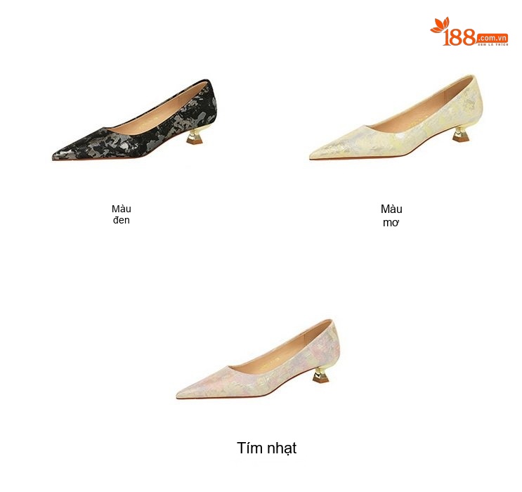 Giày Búp Bê Nữ Vải Hoa Văn Mũi Nhọn Chiều Cao Đế Khoảng 3cm Màu Kem, Đen chi tiết 3