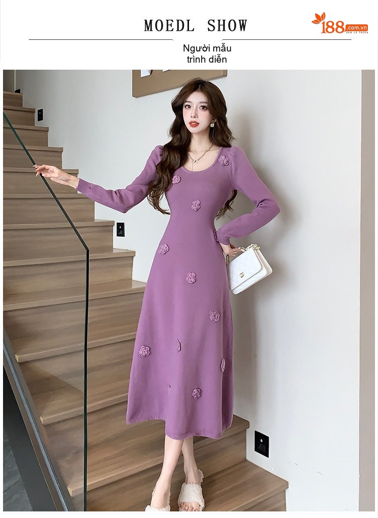 Váy Dệt Kim Liền Thân Tay Dài Phong Cách Pháp Màu Đen, Tím chi tiết 6