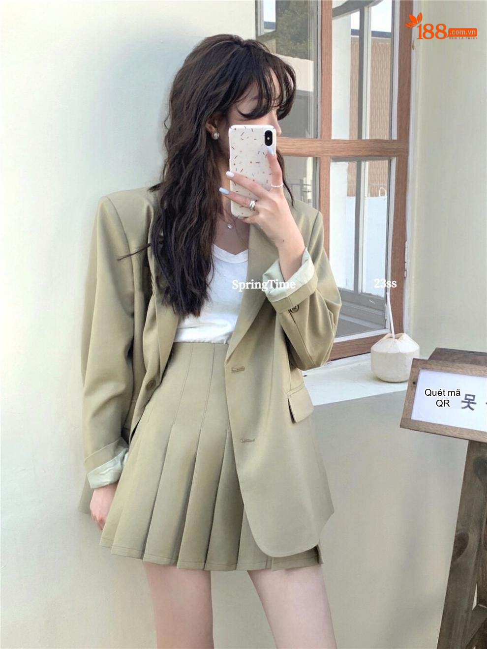 Bộ Vest Nữ Áo Blazer Tay Dài Cổ chữ Ve Áo Kèm Chân Váy Xếp Ly Phong Cách Trẻ Trung Màu Be, Đen, Xanh Olive chi tiết 5