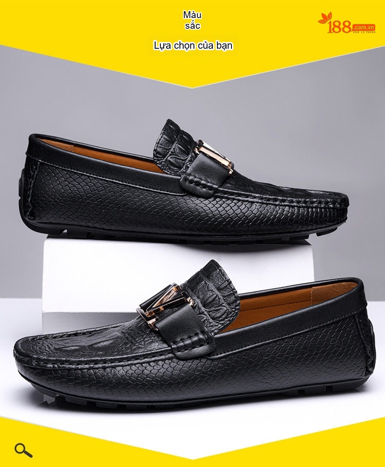 Giày Lười Nam Da Bò Vân Cá Sấu Chiều Cao Đế Khoảng 2cm Màu Đen, Xanh Navy chi tiết 3