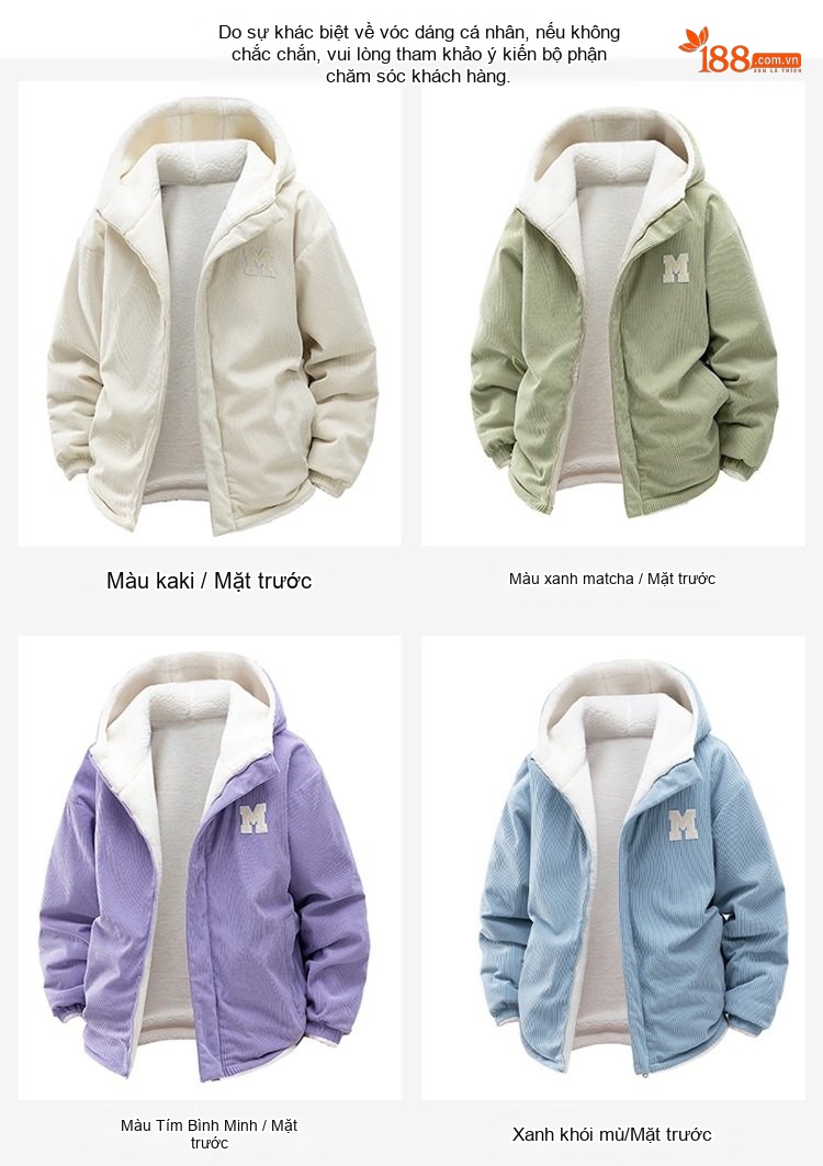 Áo Khoác Cotton Lót Lông Cừu Non Có Mũ Trùm Đầu Dáng Rộng Nam Nữ Màu Đen, Xanh, Tím, Kem... chi tiết 13