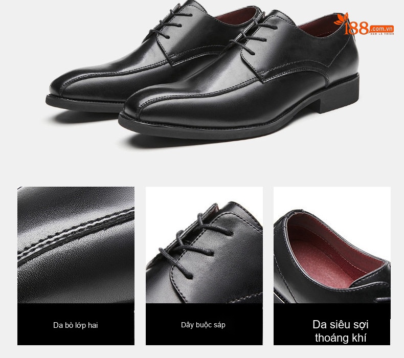 Giày Tây Buộc Dây Nam Da Bóng Mũi Nhọn Chiều Cao Đế Khoảng 3cm Màu Đen, Nâu chi tiết 4