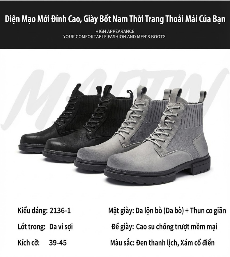 Giày Boot Martin Nam Cổ Cao Phong Cách Anh Quốc Đế Dày chi tiết 3