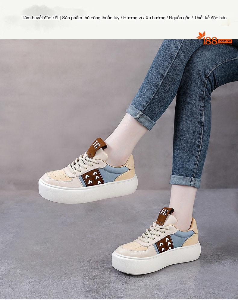 Giày Thể Thao Nữ Da Bò Đế Bánh Mì Chiều Cao Đế Khoảng 4cm Màu Be, Nâu, Xanh chi tiết 1