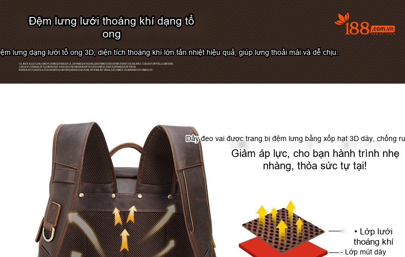Balo Da Bò Thật Nam Đựng Laptop 15.6 Inch Phong Cách Retro Màu Nâu chi tiết 10
