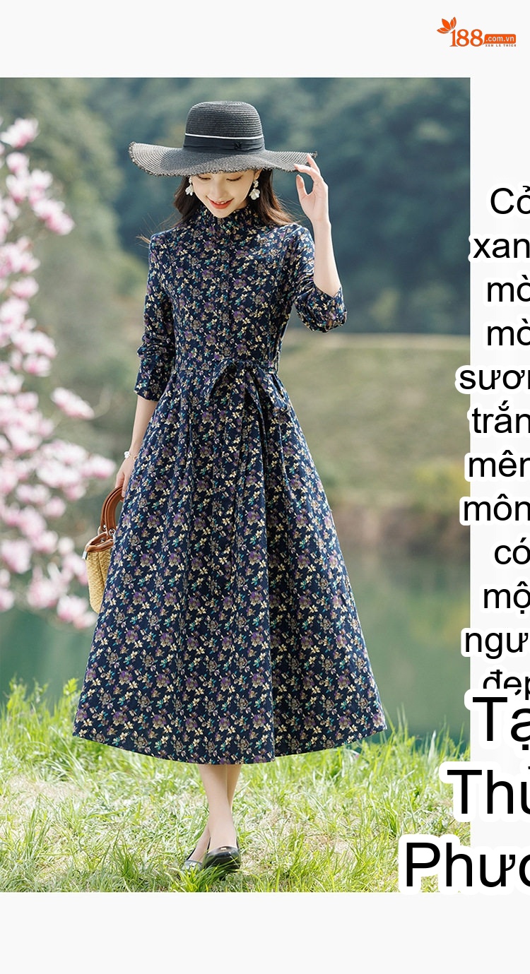 Váy Dài Tay Lỡ Nữ Cổ Trụ Họa Tiết Hoa Vintage Thoáng Mát chi tiết 13