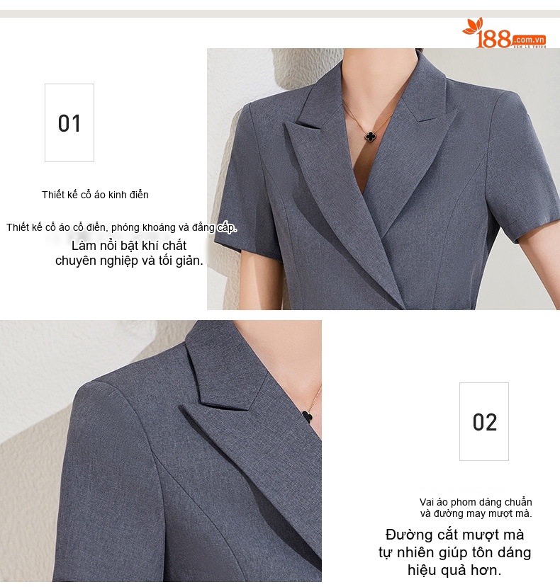 Bộ Vest Nữ Tay Ngắn Quần Dài Công Sở Thanh Lịch Màu Xám, Kem, Đen, Xanh Navy chi tiết 9