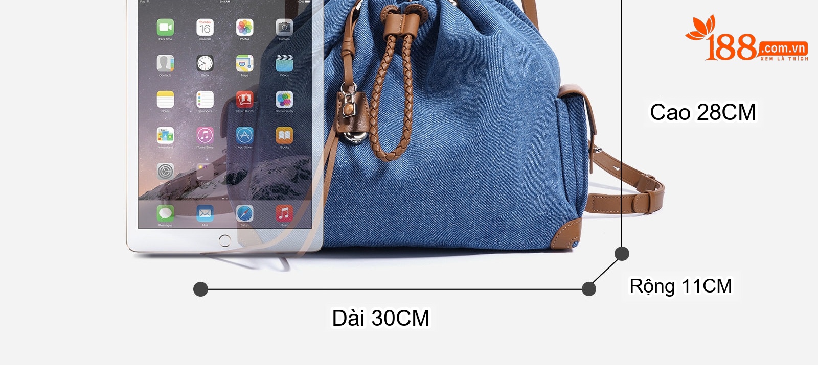 Balo Nữ Vải Canvas Kiểu Dáng Rút Dây Đeo Vai Thiết Kế Vintage Sức Chứa Lớn Màu Xanh Dương, Xanh Đậm