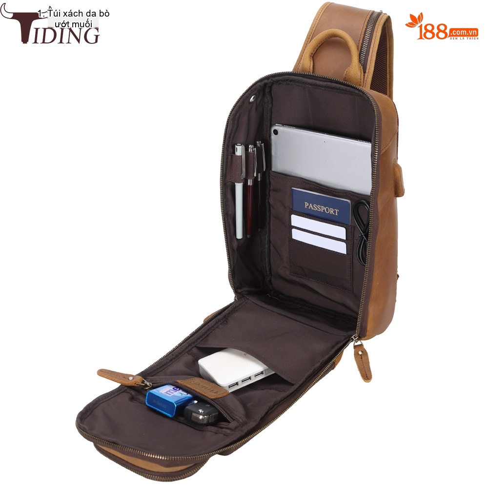 Túi Đeo Chéo/Đeo Vai Nam Da Bò Sạc USB Đa Năng Dung Tích Lớn Màu Nâu