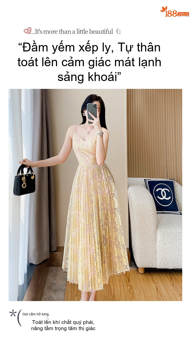 Váy Hai Dây Nữ Cổ chữ V Sọc Dún Bèo Phong Cách Gợi Cảm Màu Vàng chi tiết 2