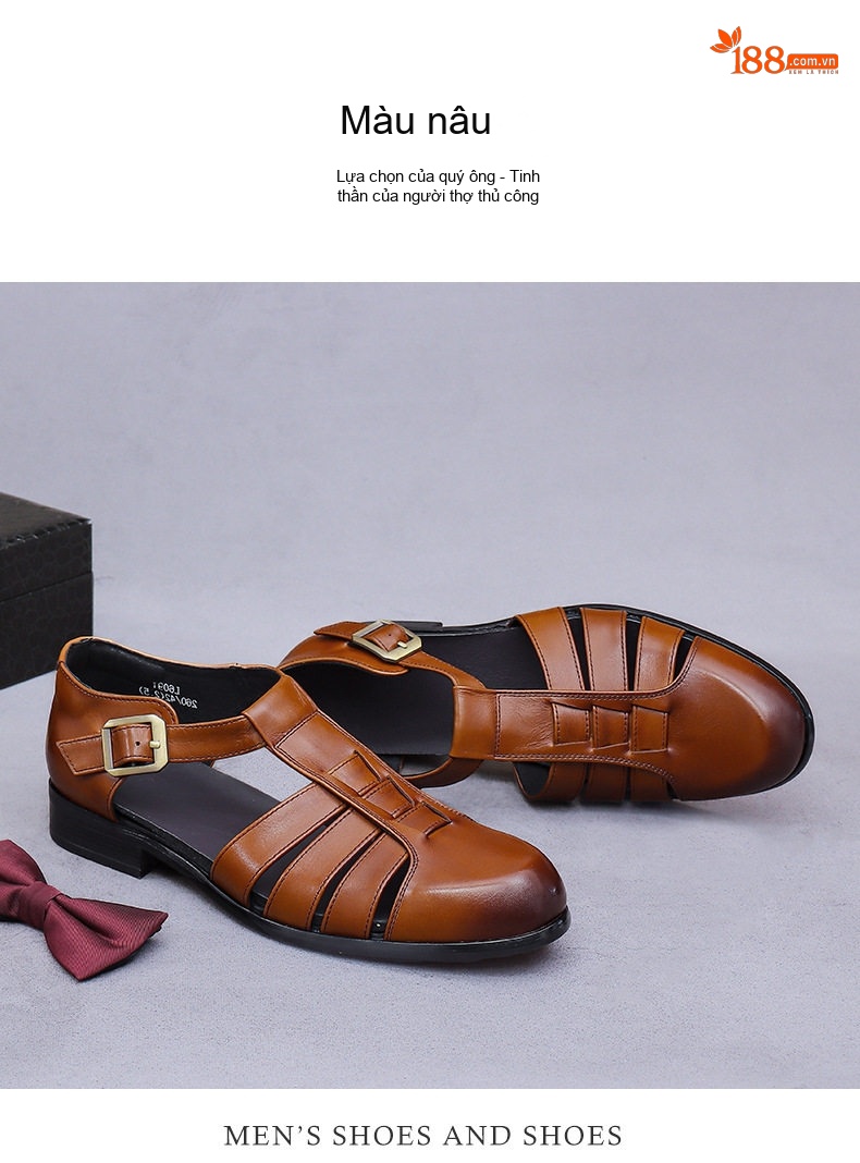 Sandal Rọ Nam Da Bò Mũi Bít Đế Cao 3cm chi tiết 11