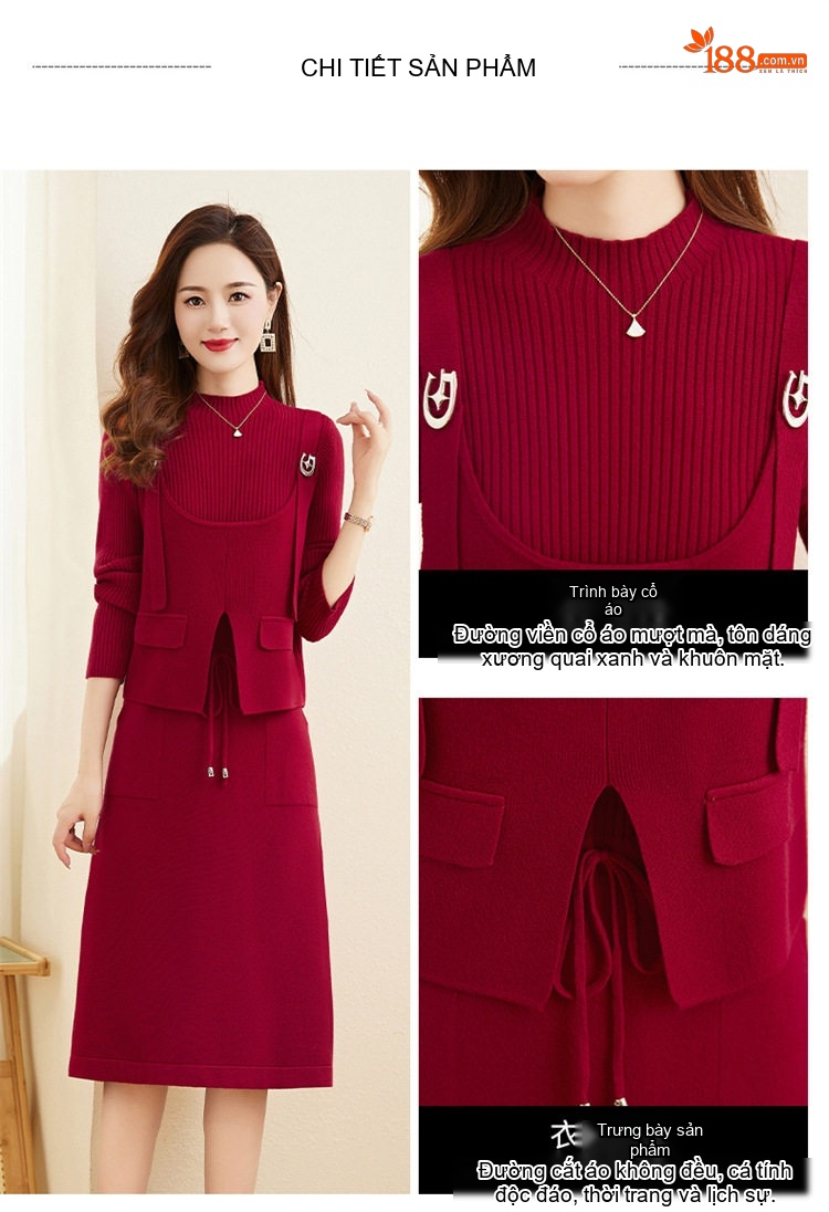 Set Váy liền thân Nữ Dệt Kim Áo Khoác Lửng Xẻ Tà Phong Cách Thanh Lịch Màu Be, Nâu, Tím, Đỏ chi tiết 5