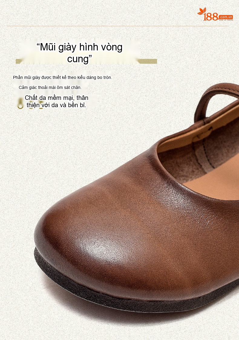 Giày Búp Bê Nữ Quai Ngang Da Bóng Chiều Cao Đế Khoảng 1cm Màu Nâu, Đỏ chi tiết 5