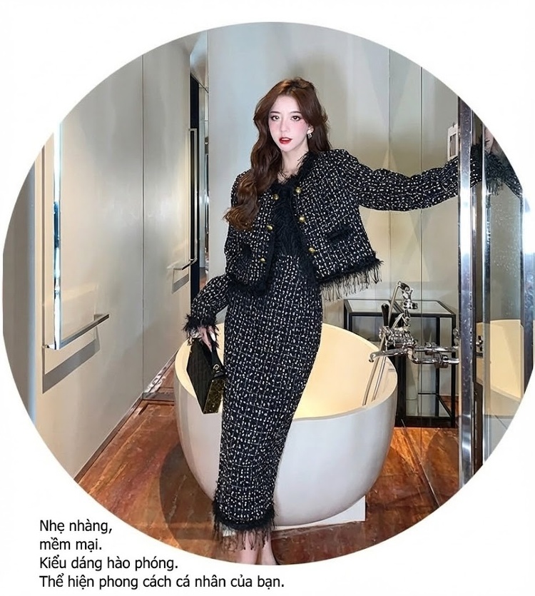 Set Áo Khoác Lửng và Chân Váy Tweed Phong Cách Tiểu Thư Viền Tua Rua Màu Trắng, Đen chi tiết 23