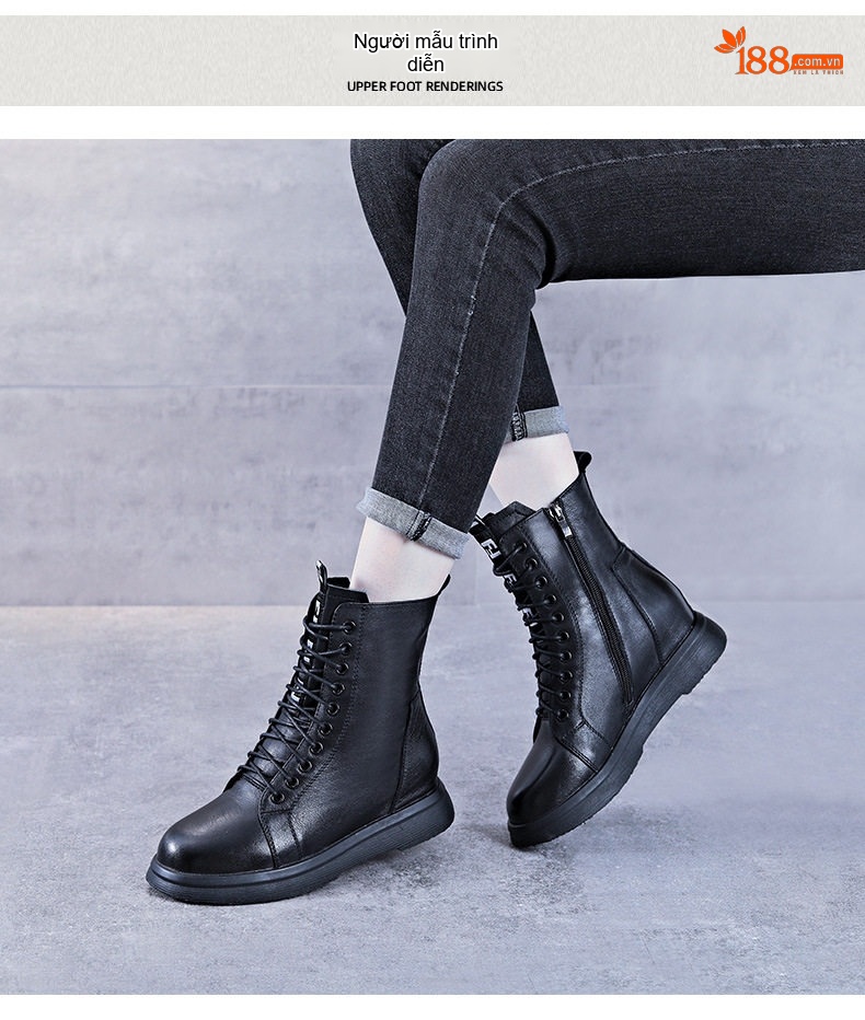 Giày Boot Martin Nữ Da Bò Lót Lông Chiều Cao Đế Khoảng 4cm Phong Cách Anh Quốc Màu Đen chi tiết 11