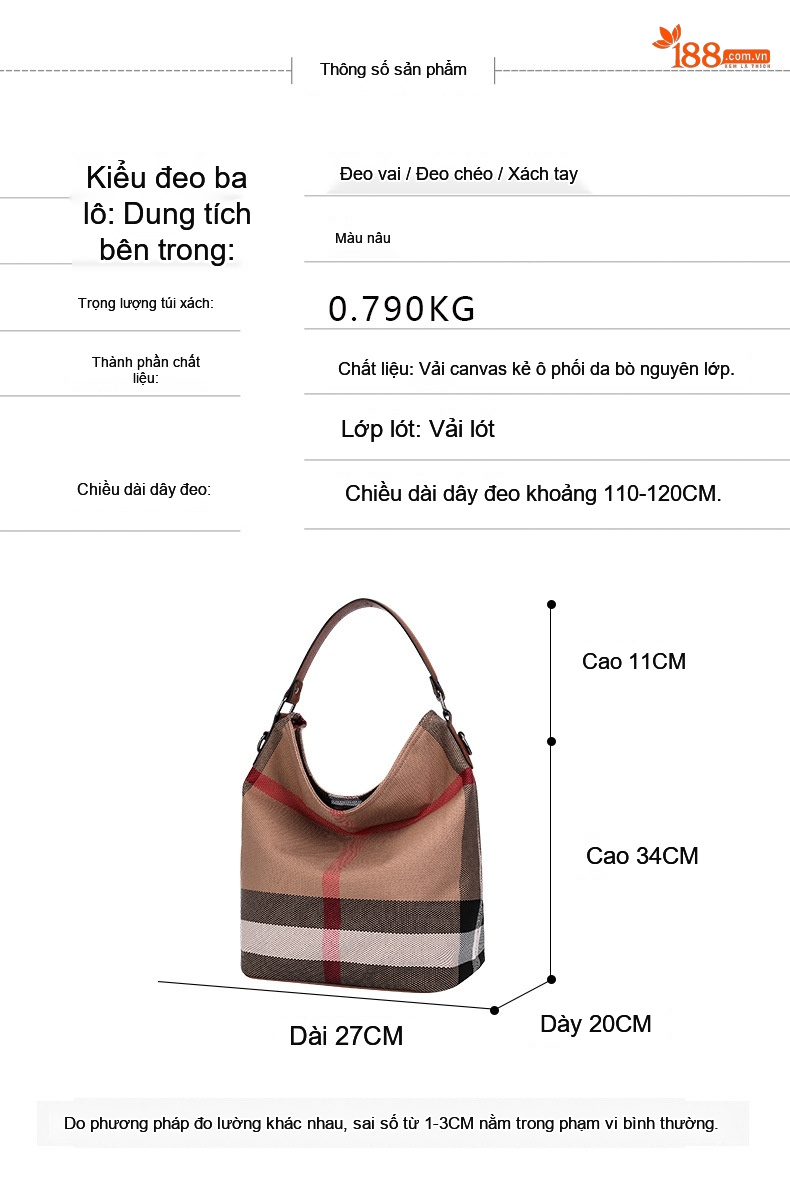 Túi Đeo Vai Nữ Vải Canvas Kẻ Ô phối Da Bò Nguyên Lớp Dáng Trống Sức Chứa Lớn Màu Nâu chi tiết 21
