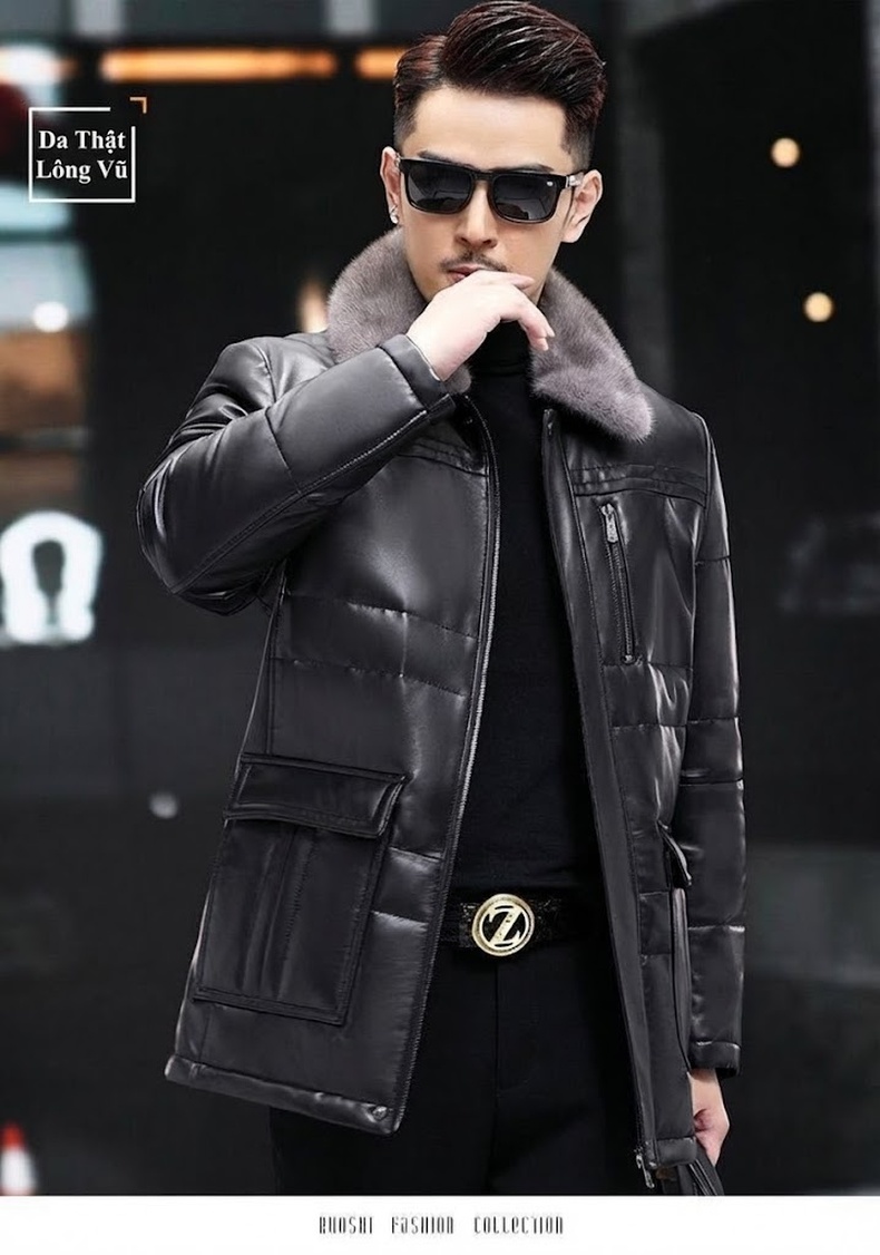 Áo Khoác Phao Nam Da Cừu Dáng Dài Cổ Lông Chồn Cao Cấp Giữ Ấm Màu Đen chi tiết 5