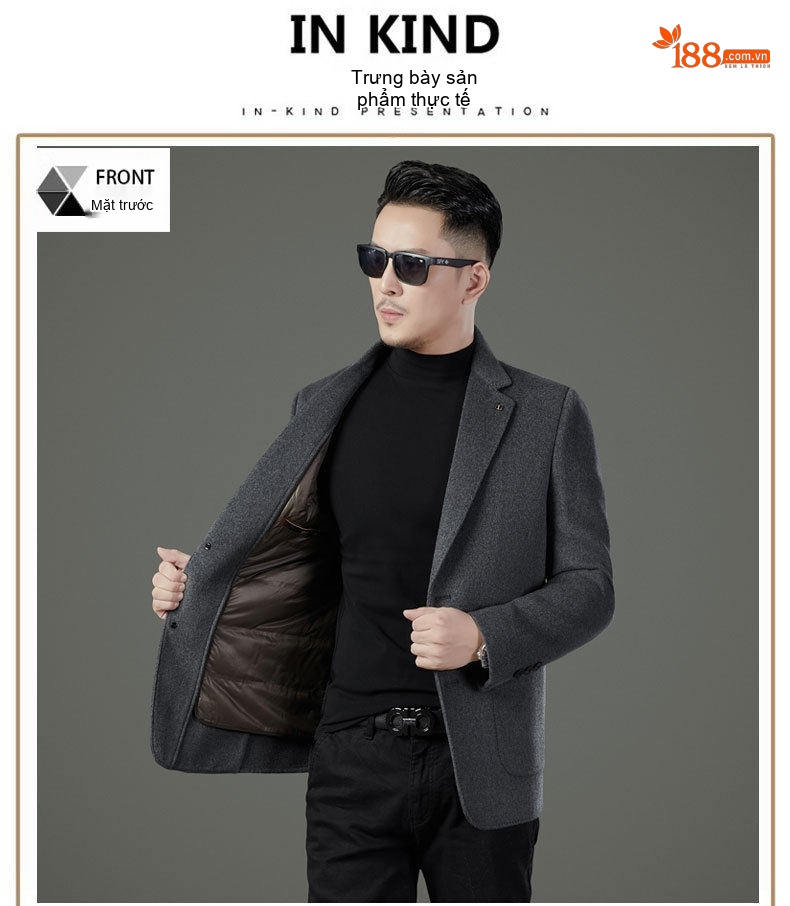 Áo Khoác Blazer Nam Hai Mặt Lông Cừu Áo Phao Lót Lông Vũ Có Thể Tháo Rời Màu Đen, Nâu, Xám chi tiết 4