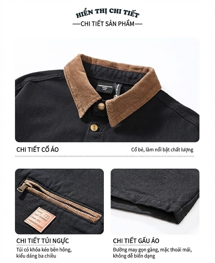 Áo Khoác Sơ Mi Nam Cổ Bẻ Carhartt Phong Cách Retro Mỹ Màu Đen, Xanh chi tiết 3