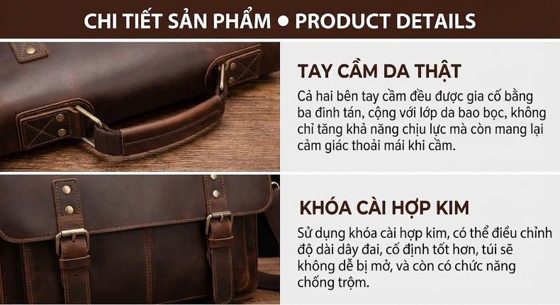 Túi Đeo Vai Nam Da Thật Phong Cách Retro Đựng Laptop 15.6 Inch Màu Nâu chi tiết 6