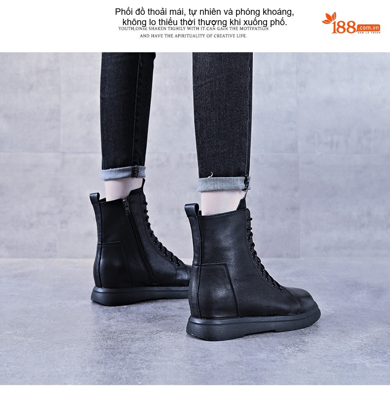 Giày Boot Martin Nữ Da Bò Lót Lông Chiều Cao Đế Khoảng 4cm Phong Cách Anh Quốc Màu Đen chi tiết 15