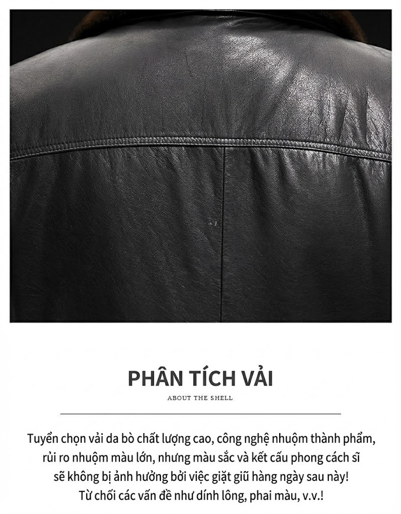 Áo Khoác Da Nam Da Bò Lớp 1 Cổ Lông Tháo Rời Dáng Ôm Ngắn Tay Dài Màu Đen chi tiết 4