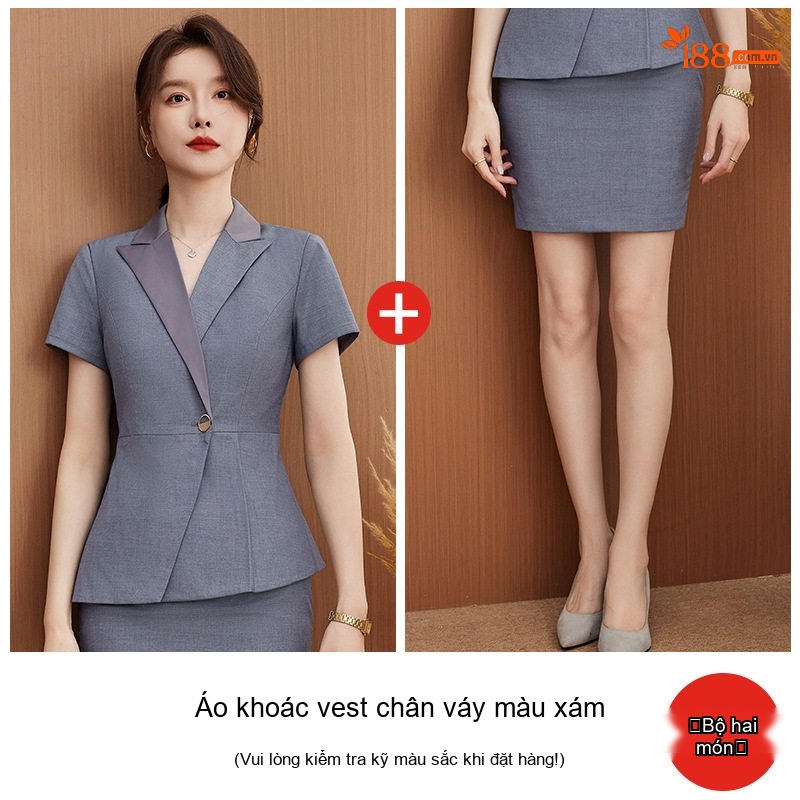 Bộ Vest Công Sở Nữ Tay Ngắn Quần/Chân Váy Màu Xanh Navy, Xám, Đen