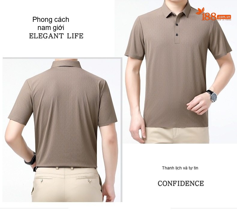 Áo Polo Nam Lụa Tằm Tơ Mùa Hè Form Rộng Chống Nhăn Màu Nâu, Xám, Đen, Xanh... chi tiết 20