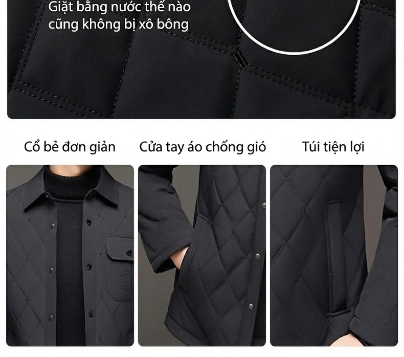 Áo Khoác Bông Nam Trung Niên Dáng Dài Vừa Cổ Bẻ Giữ Ấm Cotton Màu Xám, Đen chi tiết 10