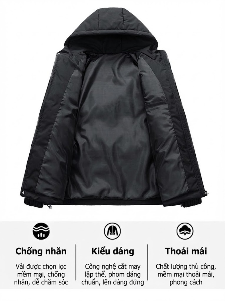 Áo Khoác Cotton Nam Nữ Mũ Trùm Đầu Dáng Rộng Mùa Đông Màu Xám, Xanh Lá, Đen, Trắng chi tiết 8