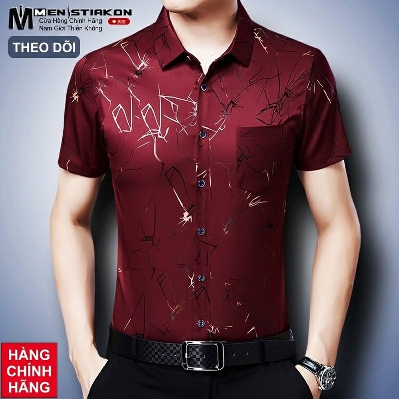 Áo Sơ Mi Ngắn Tay Nam Họa Tiết In Mỏng Phong Cách Trung Niên Màu Đỏ Rượu, Xanh Navy, Tím, Xanh...