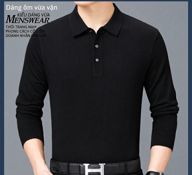Áo Thun Polo Nam Dài Tay Cashmere Dáng Ôm Vừa Vặn Màu Đen, Đỏ, Xanh Dương, Xám... chi tiết 21