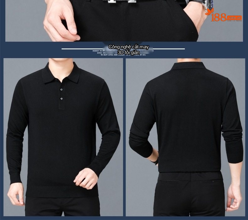 Áo Thun Polo Nam Dài Tay Cashmere Dáng Ôm Vừa Vặn Màu Đen, Đỏ, Xanh Dương, Xám... chi tiết 22