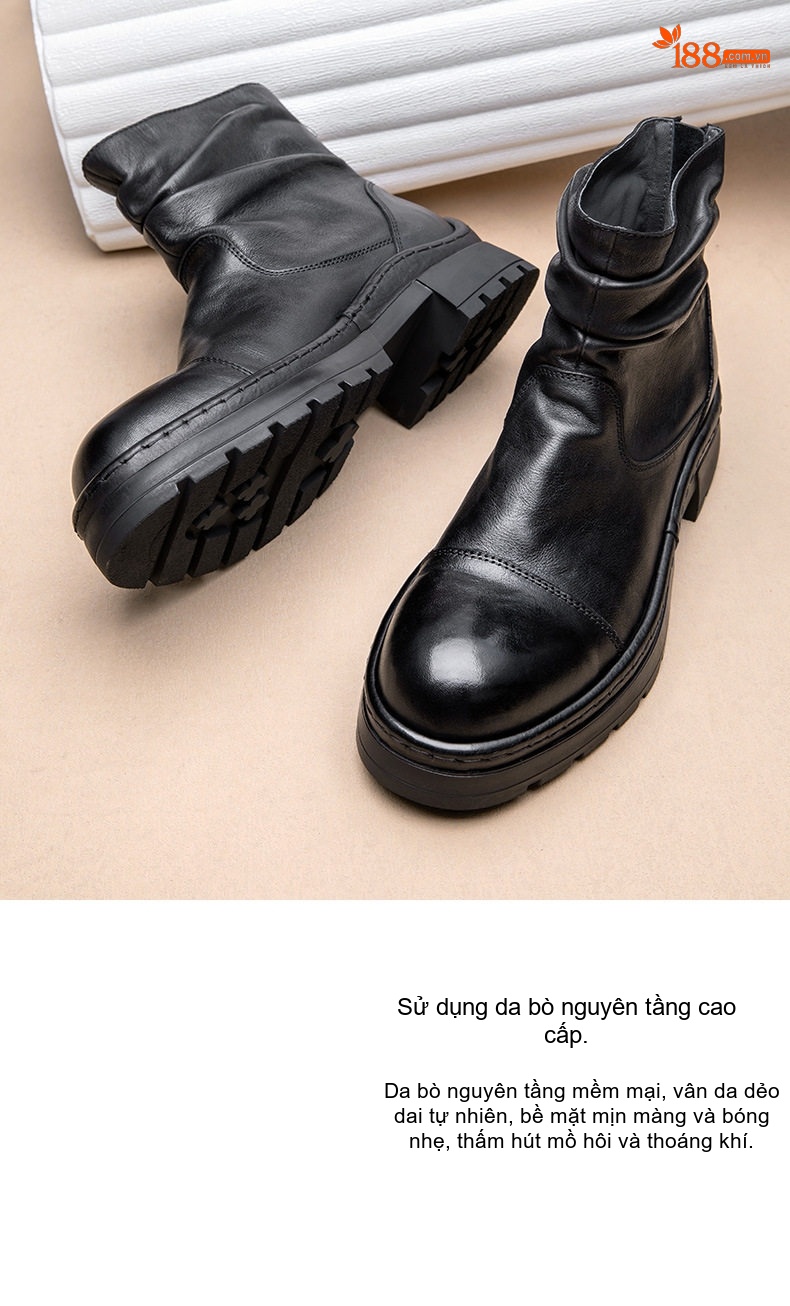 Chelsea Boots Nam Da Bò Cổ Cao Phong Cách Anh Quốc Đế Dày Chiều Cao Đế Khoảng 4cm Màu Đen, Nâu chi tiết 4