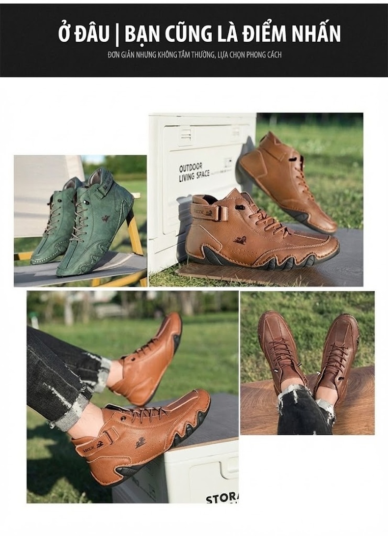 Giày Boot Martin Nam Cao Cổ Da Bóng Buộc Dây Chiều Cao Đế Khoảng 3cm Màu Nâu chi tiết 2