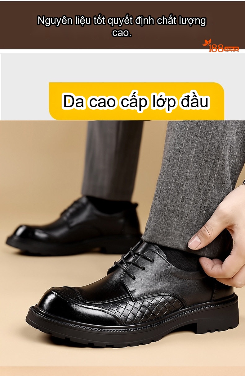 Giày Tây Buộc Dây Nam Da Bò Chiều Cao Đế Khoảng 3.5cm Màu Đen, Nâu chi tiết 6