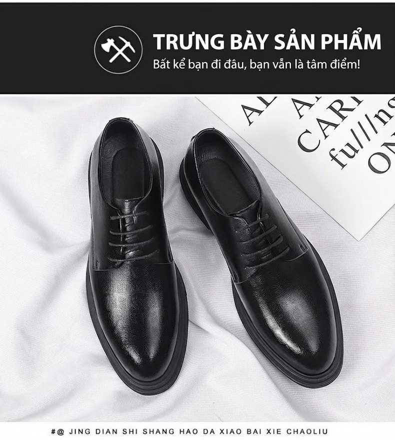 Giày Tây Buộc Dây Nam Da Bò Chiều Cao Đế 8cm Thoáng Khí Màu Đen chi tiết 13