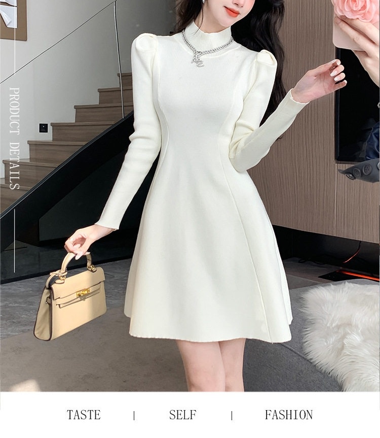 Đầm Dệt Kim Nữ Tay Phồng Cổ Cao dáng chữ A Tiểu Thư Màu Trắng, Đỏ, Đen, Nâu chi tiết 2