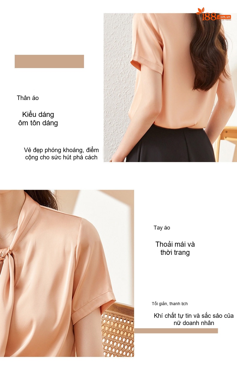 Áo Sơ Mi Voan Tay Ngắn Nữ Thắt Nơ Phong Cách Công Sở Màu Trắng, Cam chi tiết 11