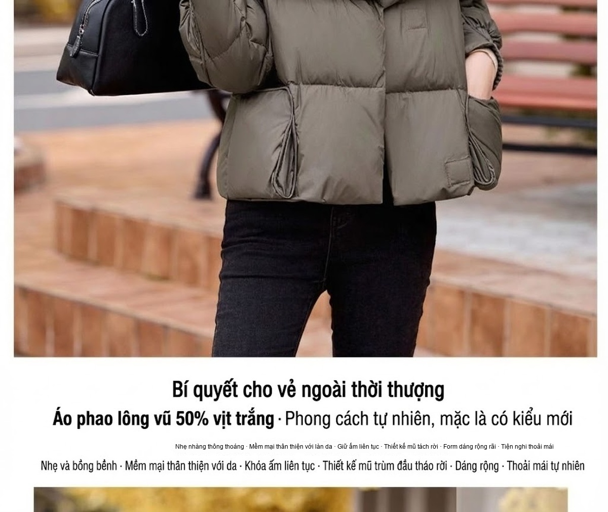 Áo Khoác Phao Nữ Ngắn Dáng Nhỏ Gọn Lót Lông Vịt Dày Ấm Áp Phong Cách Thời Trang Màu Đen, Nâu, Trắng, Xanh Rêu chi tiết 5
