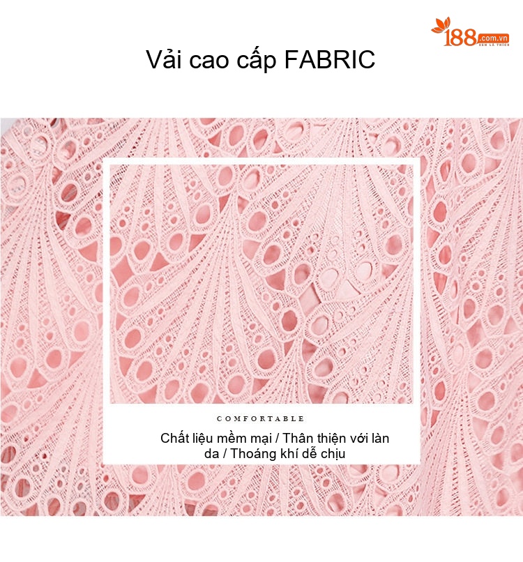 Váy liền thân Nữ Cổ Điển Thêu Họa Tiết Ren Eo Cao Dáng Xòe Màu Hồng chi tiết 7