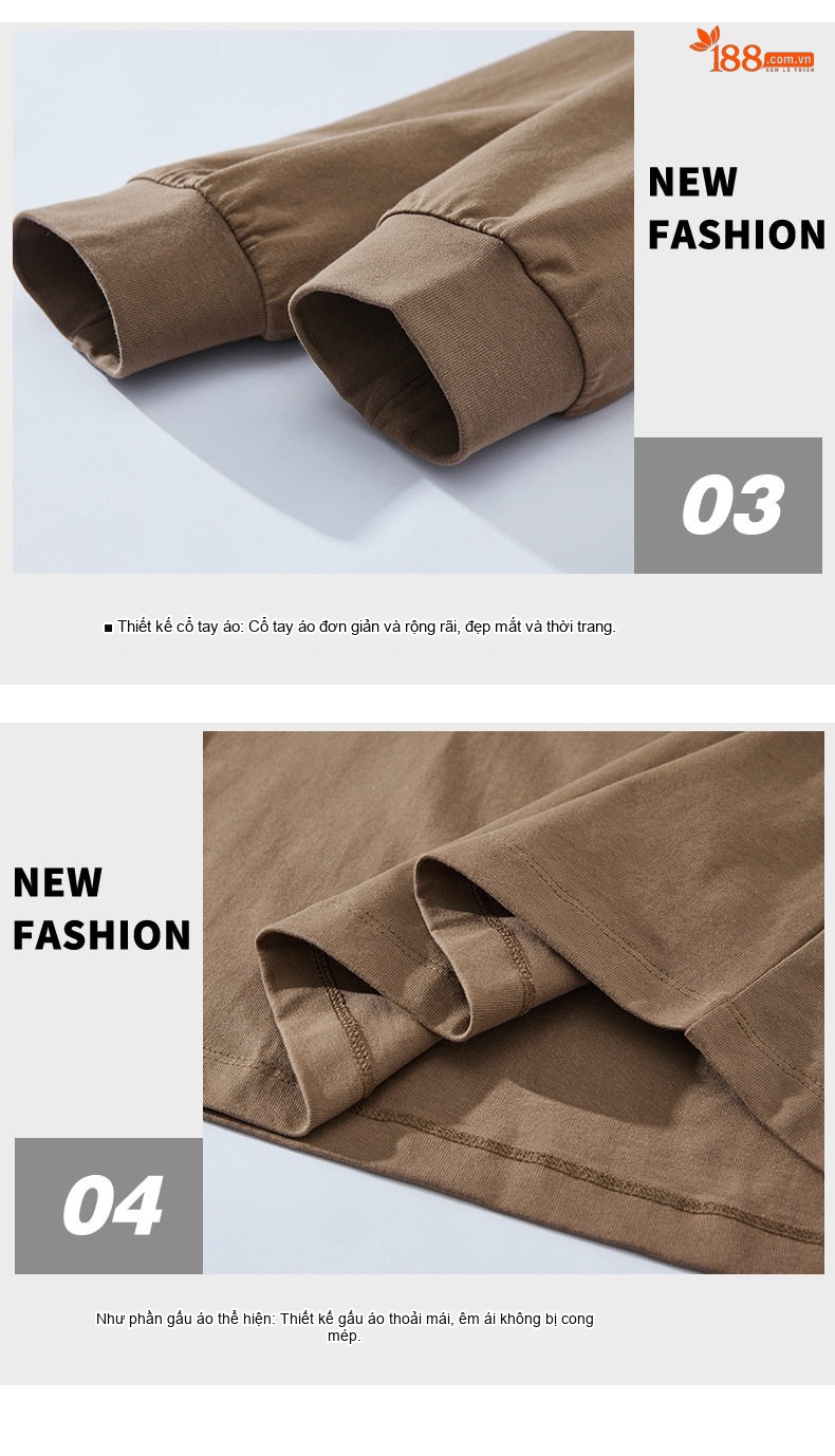 Áo Thun Tay Dài Nam Cotton Dáng Rộng Phong Cách Casual Màu Xám, Nâu, Trắng chi tiết 5