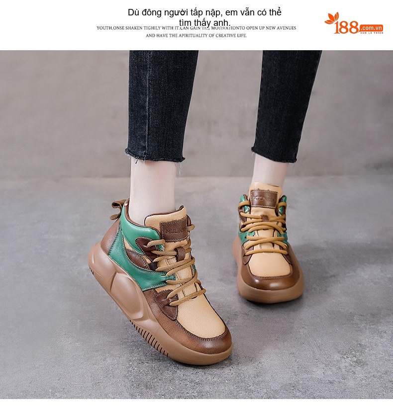 Giày Boot Nữ Da Bò Cổ Cao Thắt Dây Chiều Cao Đế Khoảng 5cm Màu Nâu, Vàng Be, Xanh Lá chi tiết 14