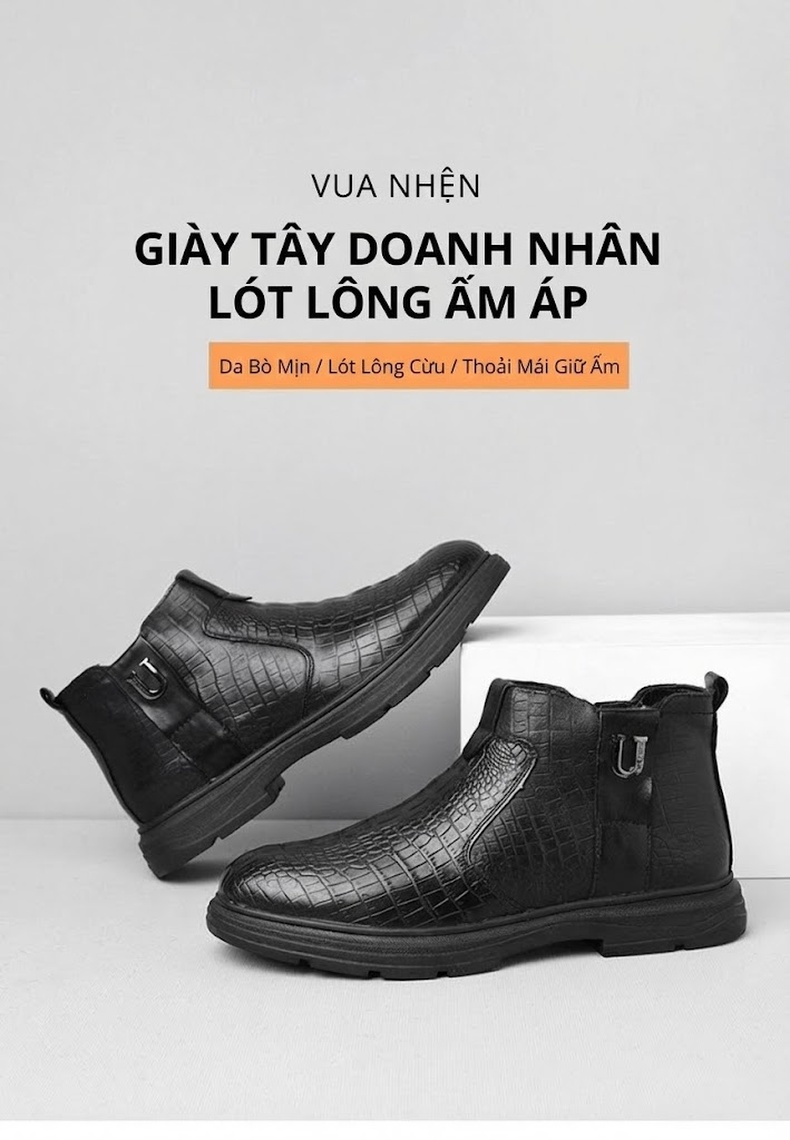 Boot Nam Da Thật Cao Cổ Lót Lông Cừu Giữ Ấm Chiều Cao Đế Khoảng 4cm Màu Đen, Nâu chi tiết 6