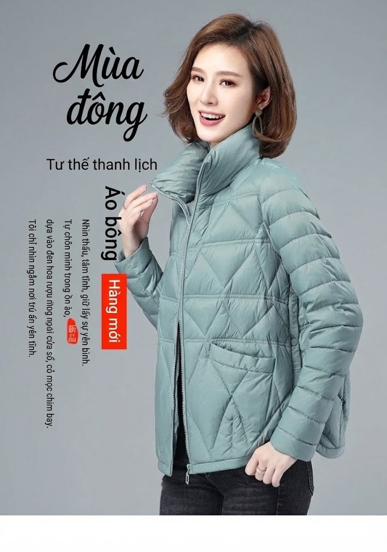 Áo Khoác Phao Nữ Cotton Dáng Ngắn Mỏng Nhẹ Phong Cách Hàn Quốc Màu Xanh, Trắng, Đen chi tiết 2