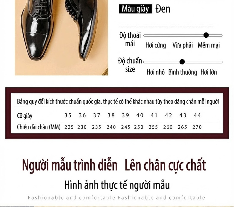 Giày Tây Oxford Nam Da Thật Kiểu Thủ Công Chiều Cao Đế Khoảng 3cm Màu Đen chi tiết 18