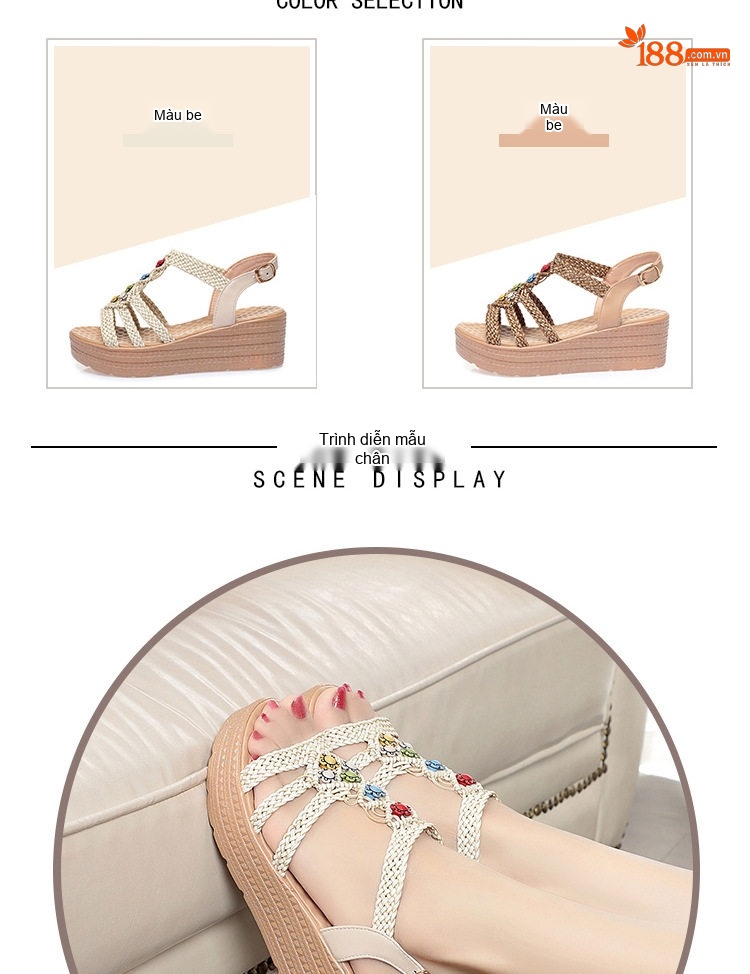 Dép Sandal Nữ Quai Dệt Bện Đính Hoa Đế Mềm Thoải Mái Đế Cao 5cm - 6cm Màu Kem chi tiết 5