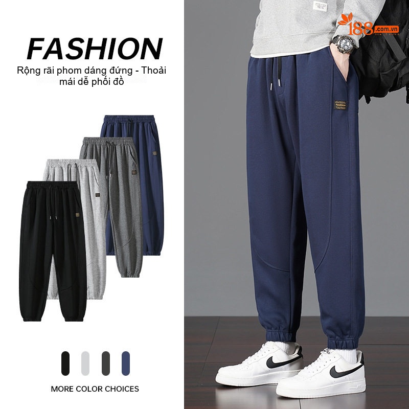 Quần Jogger Nam Ống Bo Chun Thu Đông Dáng Rộng Phong Cách Hàn Quốc Màu Đen, Xám, Xanh Navy